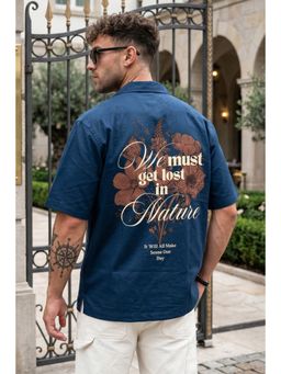 VEIRDO - Men'S Navy Blue Printed Cotton Oversized Fit Shirt