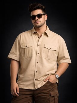 VEIRDO - Men'S Beige Solid Cotton Regular Fit Shirt