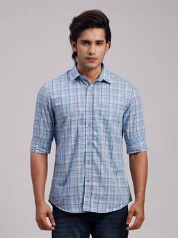 Classic Polo - Men'S Blue Checks Cotton Slim Fit Shirt