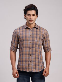 Classic Polo - Men'S Brown Checks Cotton Slim Fit Shirt