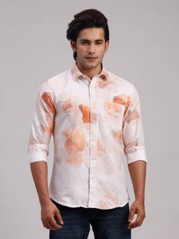 Classic Polo - Men'S White Floral Cotton Slim Fit Shirt