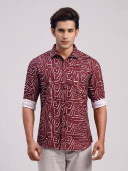 Classic Polo - Men'S Burgundy Printed Cotton Slim Fit Shirt
