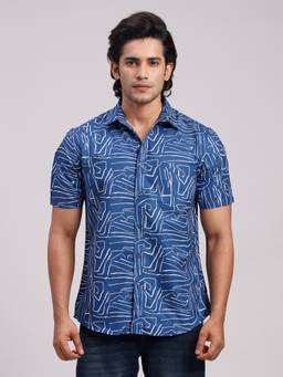 Classic Polo - Men'S Blue Printed Cotton Slim Fit Shirt