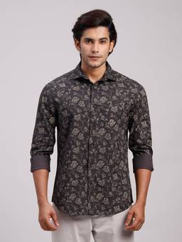 Classic Polo - Men'S Charcoal Floral Cotton Slim Fit Shirt