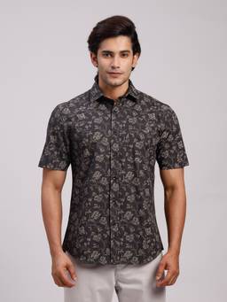 Classic Polo - Men'S Charcoal Floral Cotton Slim Fit Shirt