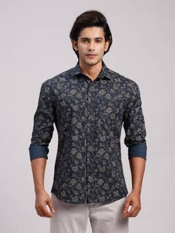 Classic Polo - Men'S Navy Blue Floral Cotton Slim Fit Shirt
