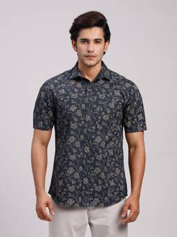 Classic Polo - Men'S Navy Blue Printed Cotton Slim Fit Shirt