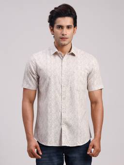 Classic Polo - Men'S Beige Printed Cotton Slim Fit Shirt