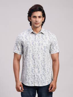 Classic Polo - Men'S Off White Printed Cotton Slim Fit Shirt