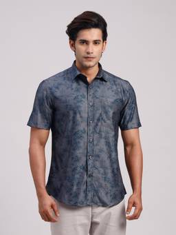 Classic Polo - Men'S Grey Printed Cotton Slim Fit Shirt