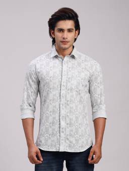 Classic Polo - Men'S Grey Printed Cotton Slim Fit Shirt