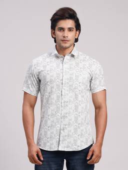 Classic Polo - Men'S Grey Printed Cotton Slim Fit Shirt