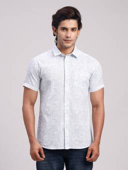 Classic Polo - Men'S Off White Printed Cotton Slim Fit Shirt