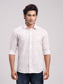 Classic Polo - Men'S Off White Printed Cotton Slim Fit Shirt