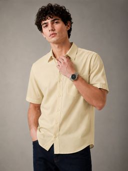 VEIRDO - Men'S Beige Solid Cotton Regular Fit Shirt
