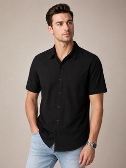 VEIRDO - Men'S Black Solid Cotton Regular Fit Shirt