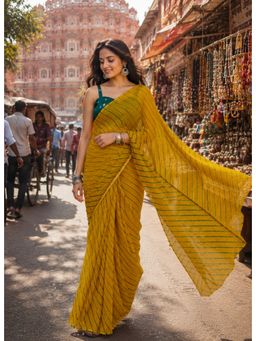 Sutra Attire - Yellow Leheriya Stripes Chiffon Saree with Unstitched Blouse