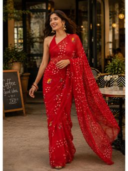 Sutra Attire - Red Chiffon Bandhani Saree with Unstitched Blouse