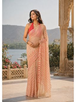 Sutra Attire - Beige Chiffon Saree in Rajasthani Leheriya with Unstitched Blouse