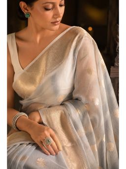Sutra Attire - Grey Banarasi Kota Doria Saree with Unstitched Blouse