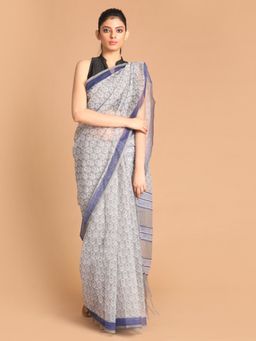 Indethnic - Grey Printed Super Net Saree with Unstitched Blouse