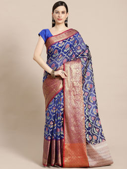 Banarasi Silk Works - Royal Blue & Magenta Kanchi Pattu Border Saree with Unstitched Blouse