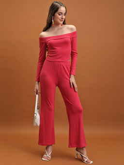 TOKYO TALKIES - Women Pink Knitted Off Shoulder Top with Flared Trouser Co-Ord Set