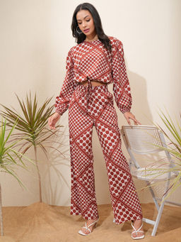 TOKYO TALKIES - Women Maroon Printed Crop Top and Trouser Co-Ord Set