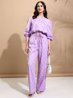 TOKYO TALKIES - Women Lavender Printed Crop Top and Trouser Co-Ord Set