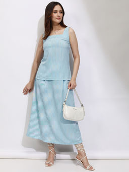 TOKYO TALKIES - Women Blue Striped Regular Top with Skirt Co-Ord Set