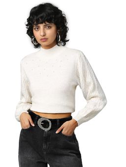 ONLY - Women Embellished Off White Sweater