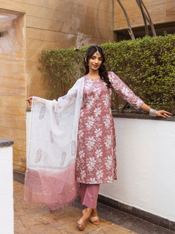 Aravalii - Mauve Plum Aura Printed Kurta with Pant and Dupatta (Set of 3)