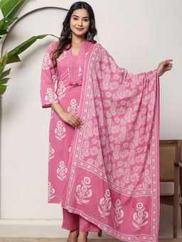 Aravalii - Rose Pink Floral Printed Kurta with Pant and Dupatta (Set of 3)