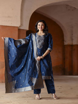 BLACK SCISSOR - Navy Blue Kurta with Pant and Banarasi Silk Dupatta (Set of 3)