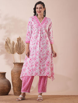 FASHOR - Pink Floral Printed A-Line Kurta with Pleated Salwar (Set of 2)