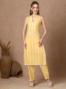 FASHOR - Yellow Stripes Printed Straight Fit Kurta with Pant (Set of 2)