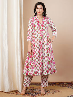 FASHOR - White and Pink Floral Printed Anarkali Kurta with Pant (Set of 2)