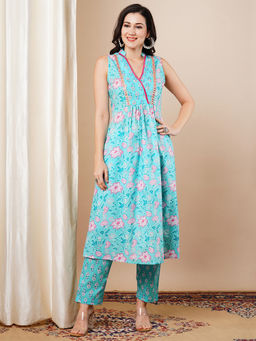FASHOR - Blue Floral Printed A-Line Pleated Kurta with Pant (Set of 2)