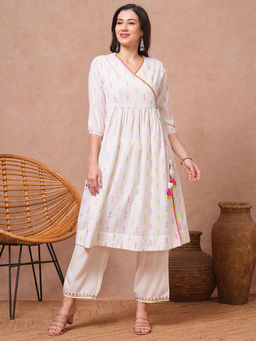 FASHOR - White Ethnic Woven A-Line Angrakha Kurta with Pant (Set of 2)