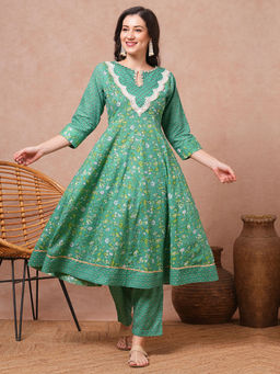 FASHOR - Green Printed and Embroidered Anarkali Kurta with Pant (Set of 2)