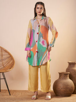 FASHOR - Abstract Printed and Embroidered A-Line Kurta with Pant (Set of 2)
