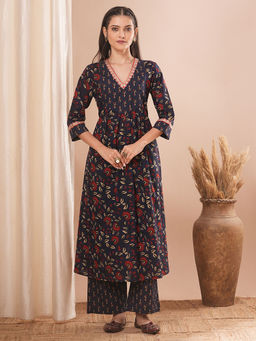 FASHOR - Navy Blue Floral Printed Embroidered A-Line Kurta with Pant (Set of 2)