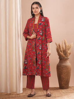 FASHOR - Red Floral Printed Crop Top with A-Line Jacket and Pant (Set of 3)