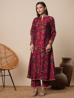 FASHOR - Maroon Abstract Floral Printed A-Line Kurta and Pant (Set of 2)
