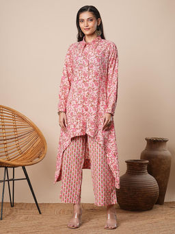 FASHOR - Abstract Floral Printed A-Line High Low Kurta with Palazzo (Set of 2)
