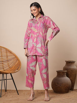 FASHOR - Pink Floral Printed Straight Fit Co-Ord (Set of 2)