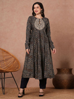 FASHOR - Black Floral Foil Printed and Embroidered Anarkali Kurta with Pant (Set of 2)