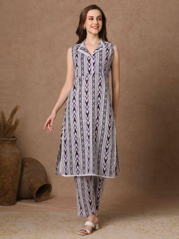 FASHOR - Purple Stripes Printed Straight Fit Kurta and Pant (Set of 2)