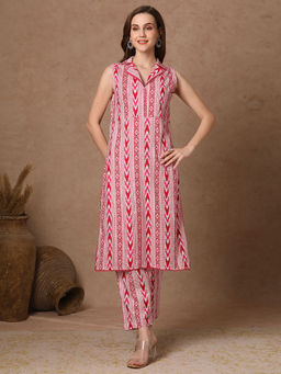 FASHOR - Pink Stripes Printed Straight Fit Kurta with Pant (Set of 2)