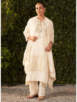 Lakshita - Ivory Embroidered Chanderi Kurta with Pant and Dupatta (Set of 3)